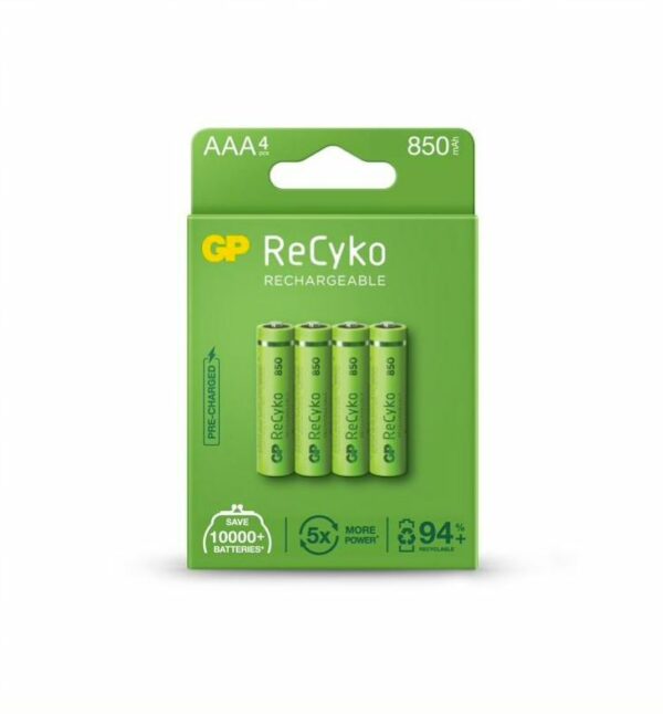 Acumulatori GP Batteries, ReCyco 850mAh AAA (LR03) 1.2V NiMH, paper box 4 buc. 85AAAHCE-EB4, „GPRHCH83E016” (timbru verde 0.32 lei)