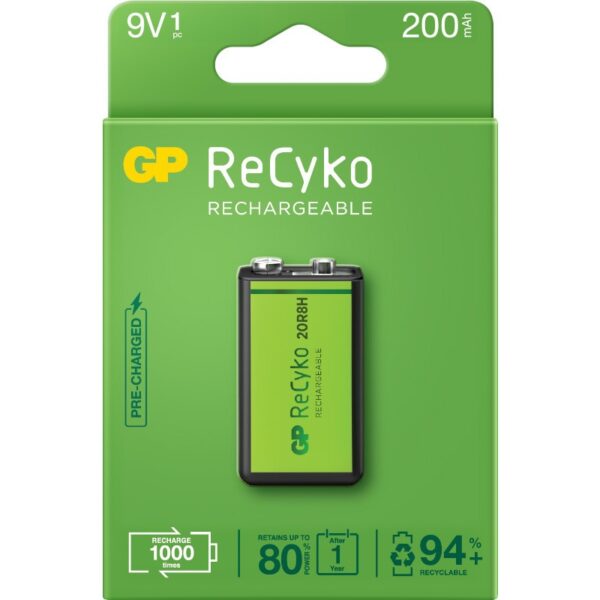 Acumulatori GP Batteries, ReCyco 200mAh 9V NiMH, paper box 1 buc. 20R8H-EB1, „GP20R8H-2EB1” „GPRHV208R075” (timbru verde 0.08 lei)