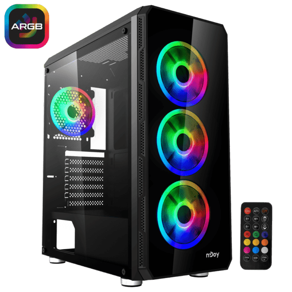 CARCASA NJOY Middle Tower, ATX, „ARENA”, fara sursa, sticla securizata, fan x 4, USB 2.0 x 1, USB 3.0 x 2, Jack 3.5 mm x 2, mesh pt. filtrare praf, fan controller (inclusiv RGB), telecomanda, negru, „CSMD-E000UAN-BL01B” (timbru verde 0.35 lei)