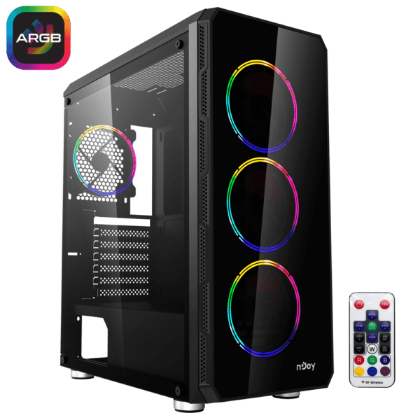 CARCASA NJOY Middle Tower, ATX, „ACRUX”, fara sursa, sticla securizata, fan x 4, USB 2.0 x 1, USB 3.0 x 2, Jack 3.5 mm x 2, mesh pt. filtrare praf, fan controller (inclusiv RGB), telecomanda, negru, „CSMD-E000UAX-BL01B” (timbru verde 0.35 lei)