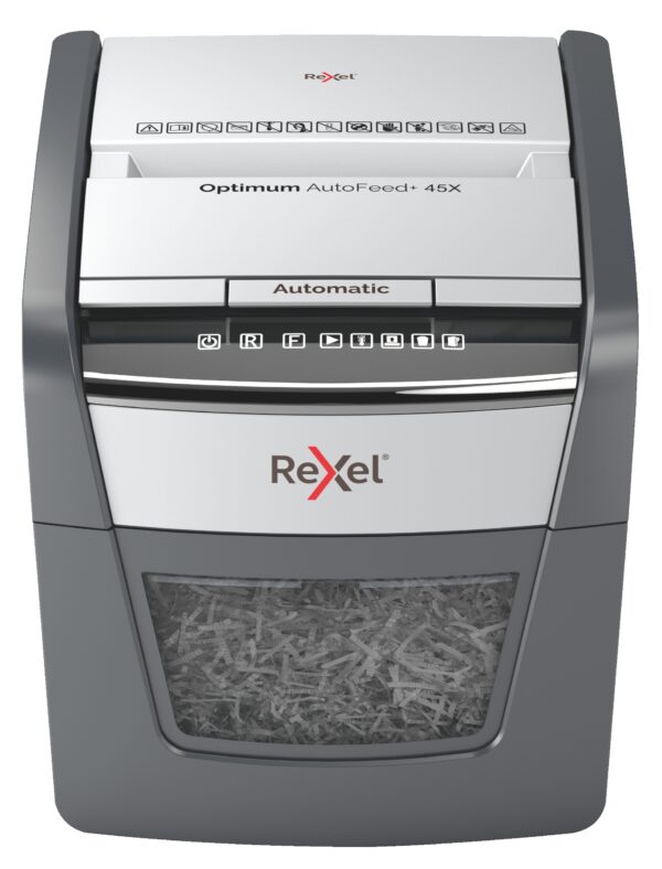 Distrugator automat documente Rexel OPTIMUM 45X , 45 coli, P4, cross-cut (tip confeti), cos 20 litri, negru-gri, „2020045XEU” (timbru verde 40 lei)