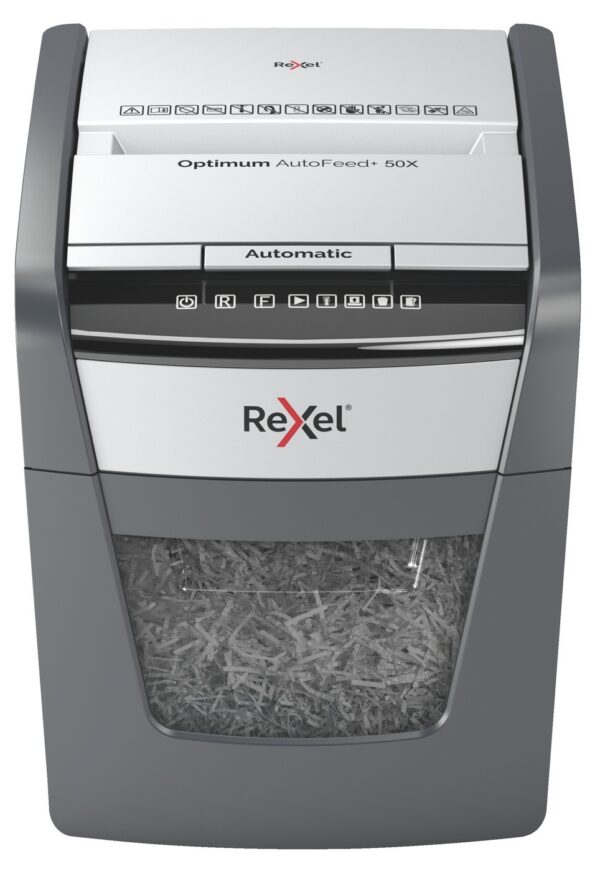 Distrugator automat documente Rexel OPTIMUM 50X , 50 coli, P4, cross-cut (tip confeti), cos 20 litri, negru-gri, „2020050XEU” (timbru verde 40 lei)