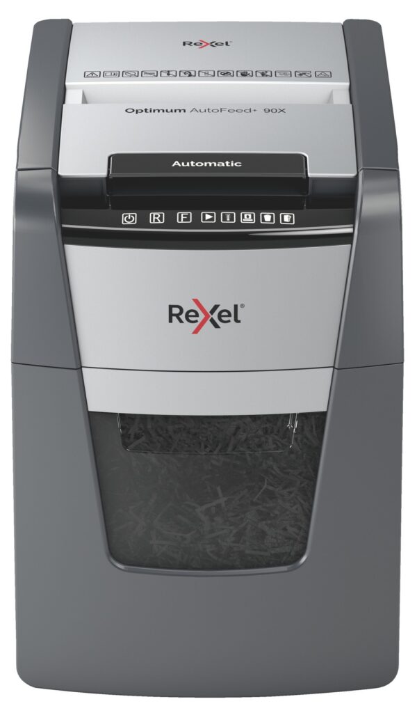 Distrugator automat documente Rexel OPTIMUM 90X , 90 coli, P4, cross-cut (tip confeti), cos 34 litri, negru-gri, „2020090XEU” (timbru verde 40 lei)