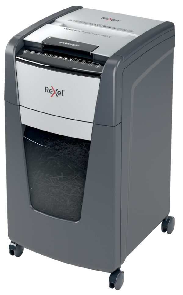 Distrugator automat documente Rexel OPTIMUM 300X , 300 coli, P4, cross-cut (tip confeti), cos 60 litri, negru-gri, „2020300XEU” (timbru verde 40 lei)