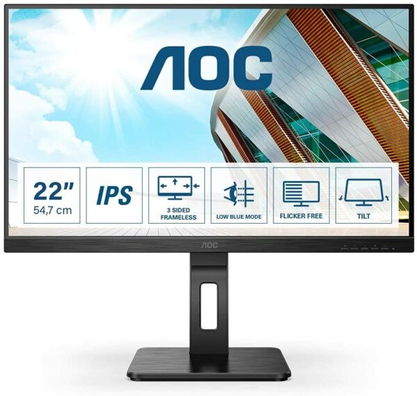 MONITOR AOC 21.5 inch, home | office, IPS, Full HD (1920 x 1080), Wide, 250 cd/mp, 4 ms, HDMI | VGA, „22P2DU” (timbru verde 7 lei)