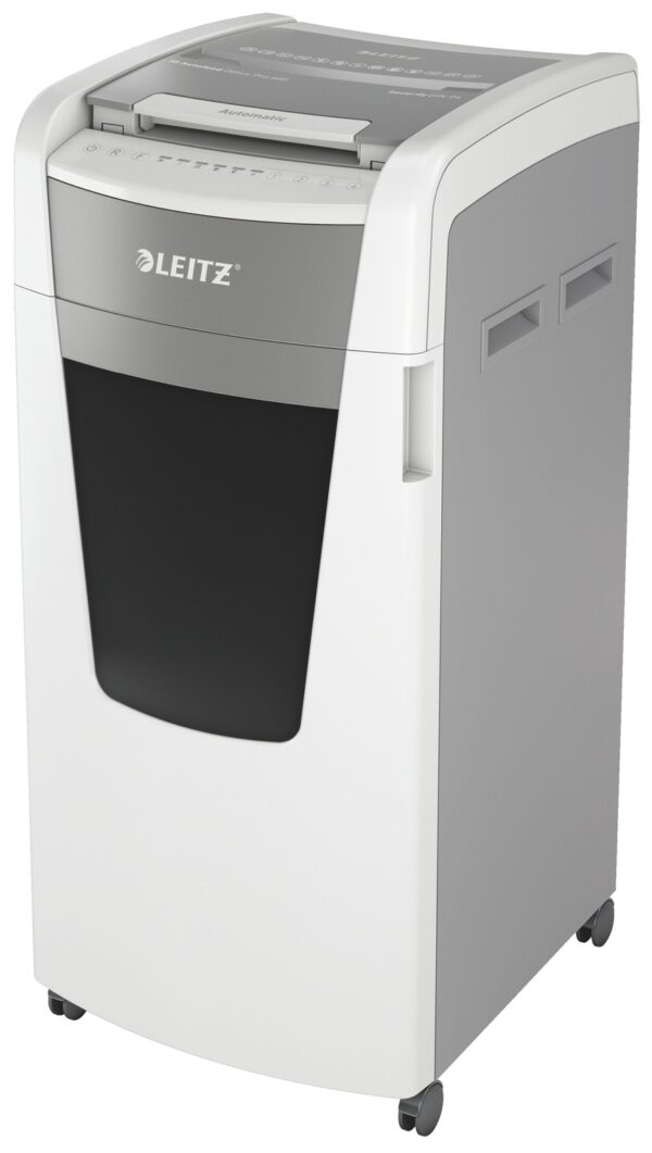 Distrugator automat documente Leitz IQ Office , 600 coli, P4, cross-cut (tip confeti), cos 110 litri, alb-gri, Leitz „80170000” (timbru verde 40 lei)