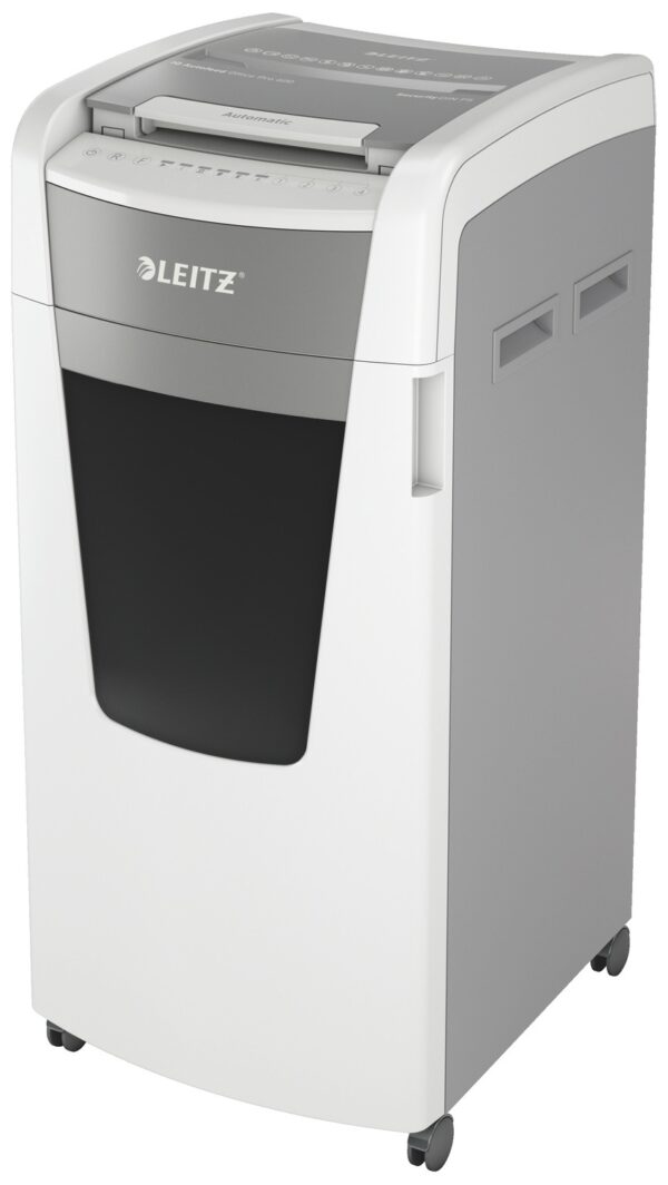 Distrugator automat documente Leitz IQ Office , 600 coli, P5, micro-cut (tip particule), cos 110 litri, alb-gri, Leitz „80180000” (timbru verde 40 lei)