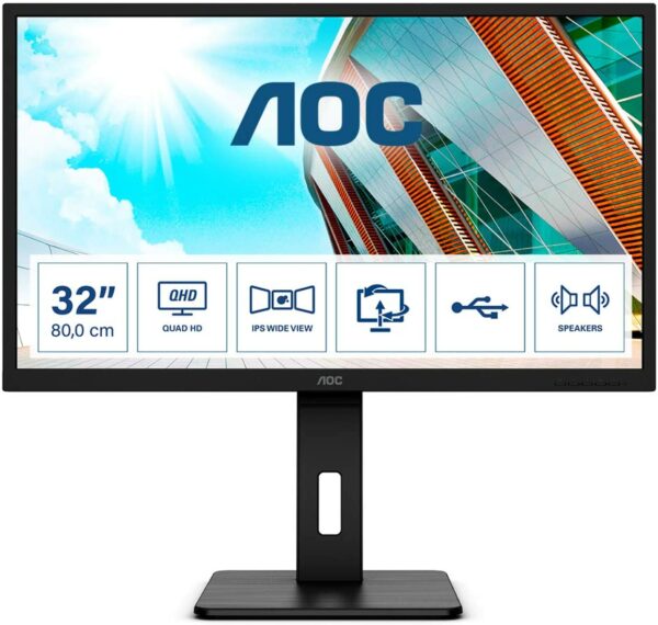 MONITOR AOC 31.5 inch, home | office, IPS, WQHD (2560 x 1440), Wide, 250 cd/mp, 4 ms, HDMI | DisplayPort, „Q32P2” (timbru verde 7 lei)