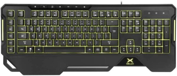 TASTATURA DELUX, gaming, cu fir, 104 taste, multimedia 7 taste, RGB backlight, palm rest, software, USB, negru, „K9600-BK” (timbru verde 0.8 lei)