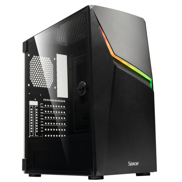 CARCASA SPACER – gaming, Middle Tower, ATX, „THUNDER”, fara sursa, usa sticla securizata (balama), banda LED RGB, USB 2.0 x 2, USB 3.0 x 1, HD-Audio Jack 3.5mm x 2, mesh , „SPGC-THUNDER”