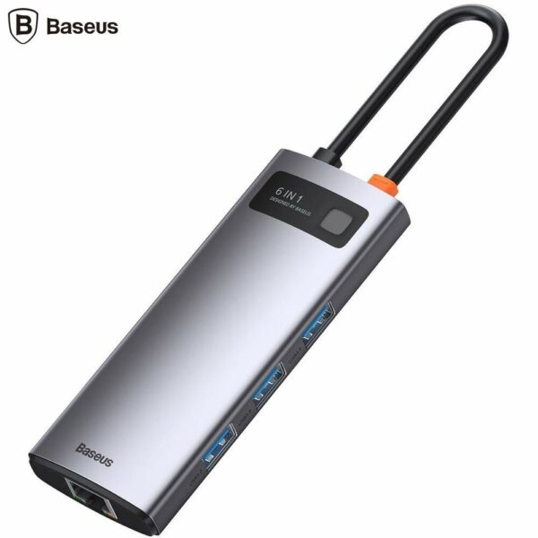 DOCKING Station Baseus Metal Gleam, conectare PC USB Type-C, USB 3.0 x 3, RJ-45 Gigabit LAN x 1, USB Type C x 1 PD 100W 5V / 9V / 14.5V / 20V 5A (Max.), HDMI x 1/4K/30Hz, LED, gri „CAHUB-CW0G” (timbru verde 0.18 lei) – 6953156204645