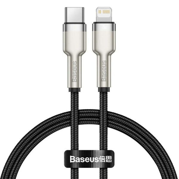 CABLU alimentare si date Baseus Cafule Metal, Fast Charging Data Cable pt. smartphone, USB Type-C la Lightning Iphone PD 20W, braided, 0.25m, negru „CATLJK-01” (timbru verde 0.08 lei) – 6953156202054