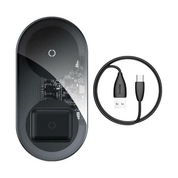 INCARCATOR wireless Baseus Simple 2 in 1 Qi 18W, compatibilitate smartphones si airpods, cablu Type-C la USB inclus, negru transparent „WXJK-A01” (timbru verde 0.18 lei) – 6953156212060