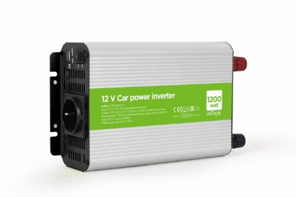 INVERTER GEMBIRD cu sinusoida simulata, Inverter auto, 1200W, Schuko x 1, USB 5V / 2.1A, baterie 10-16V, „EG-PWC1200-01”, (timbru verde 4 lei)