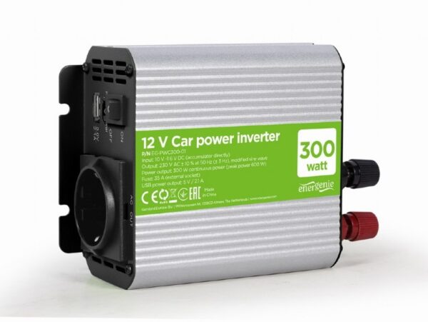 INVERTER GEMBIRD cu sinusoida simulata, Inverter auto, 300W, Schuko x 1, USB 5V / 2.1A, baterie 10-16V, „EG-PWC300-01”, (timbru verde 4 lei)