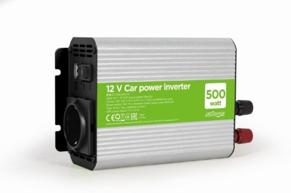 INVERTER GEMBIRD cu sinusoida simulata, Inverter auto, 500W, Schuko x 1, USB 5V / 2.1A, baterie 10-16V, „EG-PWC500-01”, (timbru verde 4 lei)