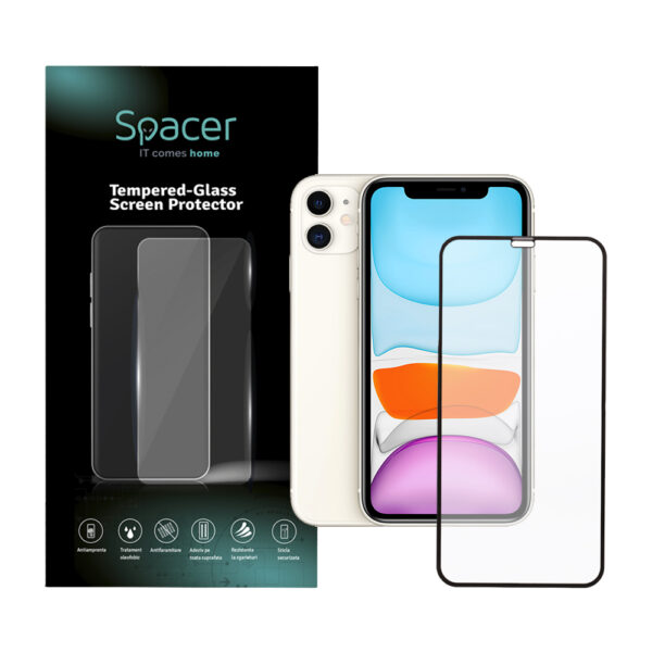 FOLIE STICLA Spacer pentru Iphone 11 si Iphone XR, grosime 0.3mm, acoperire totala ecran, strat special anti-ulei si anti-amprenta, Tempered Glass, sticla 9D, duritate 9H „SPPG-AP-IP11-TG”