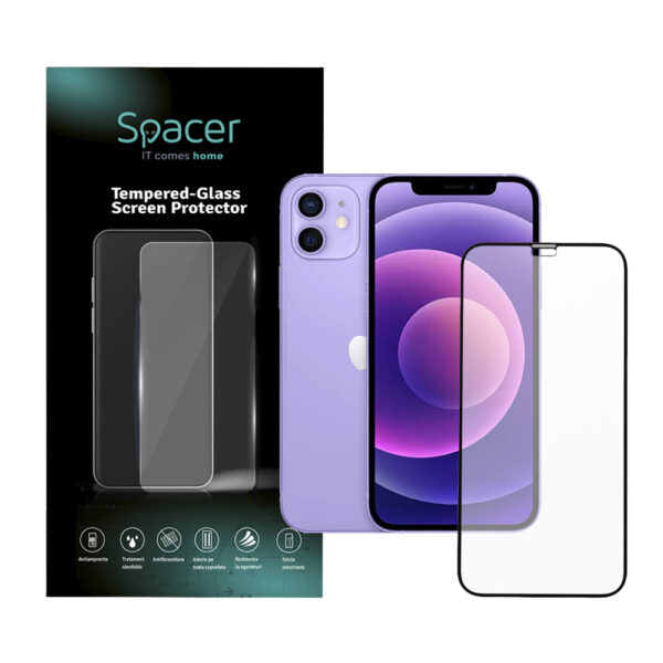 FOLIE STICLA Spacer pentru Iphone 12 Mini, grosime 0.3mm, acoperire totala ecran, strat special anti-ulei si anti-amprenta, Tempered Glass, sticla 9D, duritate 9H „SPPG-AP-IP12M-TG”