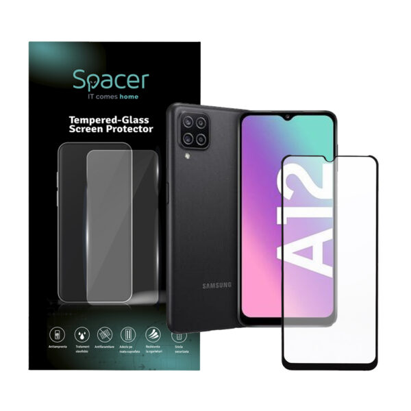 FOLIE STICLA Spacer pentru Samsung Galaxy A12, grosime 0.3mm, acoperire totala ecran, strat special anti-ulei si anti-amprenta, Tempered Glass, sticla 9D, duritate 9H „SPPG-SM-GX-A12-TG”