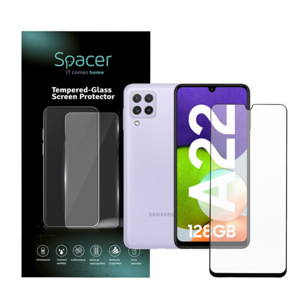 FOLIE STICLA Spacer pentru Samsung Galaxy A22 4G, grosime 0.3mm, acoperire totala ecran, strat special anti-ulei si anti-amprenta, Tempered Glass, sticla 9D, duritate 9H „SPPG-SM-GX-A224G-TG”