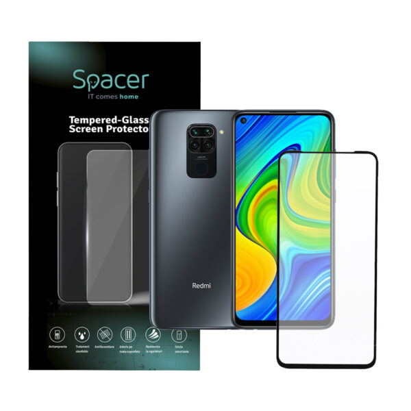 FOLIE STICLA Spacer pentru Xiaomi Redmi Note 9, grosime 0.3mm, acoperire totala ecran, strat special anti-ulei si anti-amprenta, Tempered Glass, sticla 9D, duritate 9H „SPPG-XI-RM-N9-TG”
