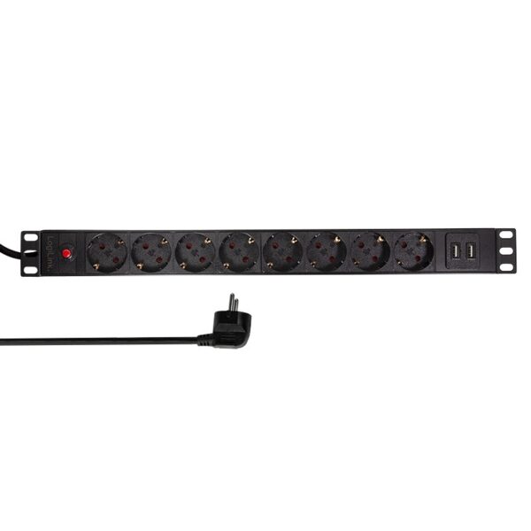 PDU LOGILINK 1U pt. rack 19 inch, 8 prize Schuko, intrare Schuko, max 16 A, on/off, protectie la supratensiune, 2 x USB 2.1A, 2 m, „PDU8C02” (timbru verde 0.8 lei)