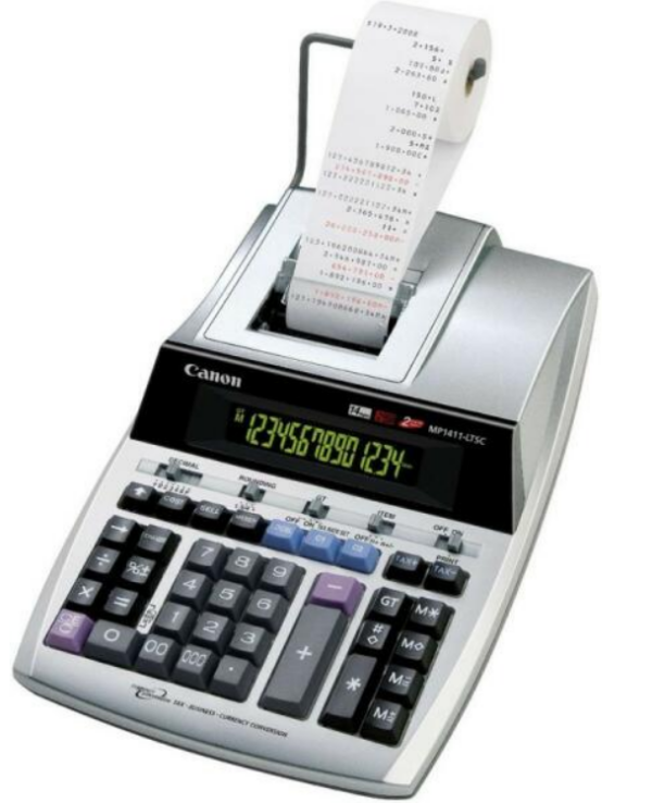 Calculator de birou CANON, MP-1411LTSC, ecran 14 digiti, Ribon, functie business, tax si conversie moneda, gri, „2497B001AA” (timbru verde 0.18 lei)