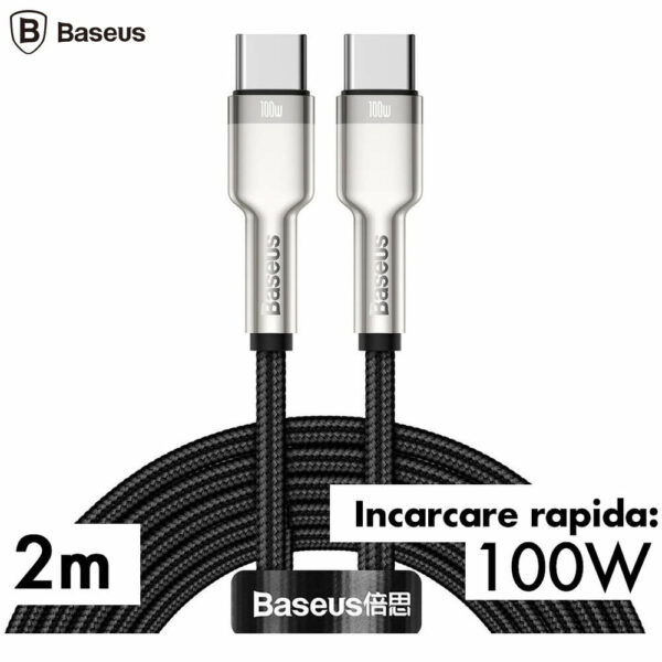 CABLU alimentare si date Baseus Cafule Metal, Fast Charging Data Cable pt. smartphone, USB Type-C la USB Type-C 100W, braided, 2m, negru „CATJK-D01” (timbru verde 0.18 lei) – 6953156202368