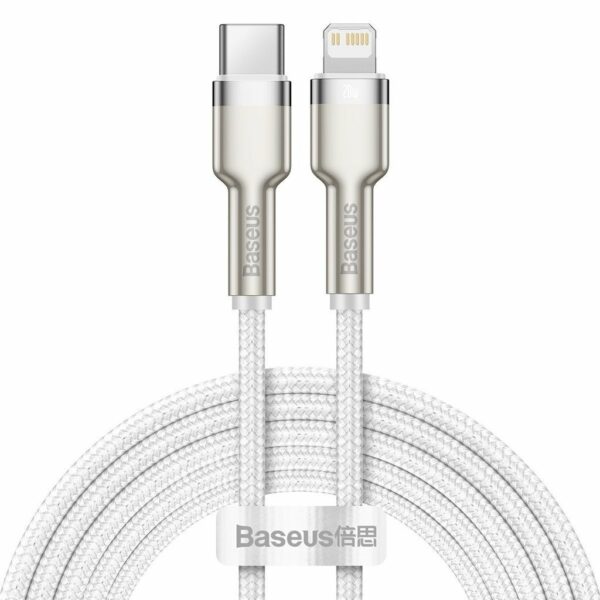 CABLU alimentare si date Baseus Cafule Metal, Fast Charging Data Cable pt. smartphone, USB Type-C la Lightning Iphone PD 20W, braided, 2m, alb „CATLJK-B02” (timbru verde 0.18 lei) – 6953156202115