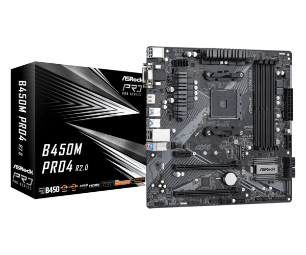 PLACA de BAZA Asrock „B450M PRO4 R2.0”, skt AM4, mATX, AMD B450, 4 x DDR4, max. 128 GB, 4 x SATA, 2 x M.2, 7.1, „B450M PRO4 R2.0”