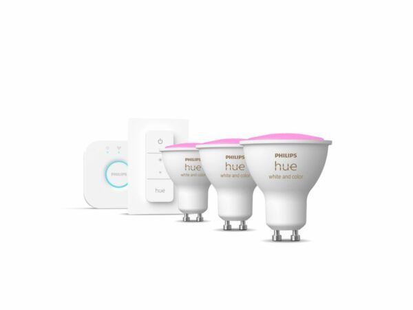 SET 3 becuri smart LED Philips, soclu GU10, putere 5W, forma plat, lumina multicolora, alimentare 220 – 240 V, „000008719514340107” (timbru verde 1.35 lei)