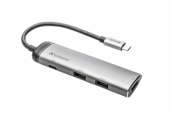 HUB extern VERBATIM, USB 3.0 x 2, HDMI x 1 (4K@30Hz), USB Type C x 1, conectare USB Type C, cablu 15 cm, max. 3A, brushed metal „49140” (timbru verde 0.18 lei)