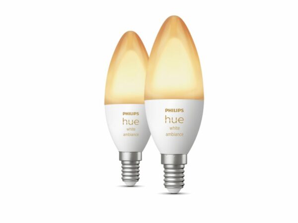 SET 2 becuri smart LED Philips, soclu E14, putere 4W, forma lumanare, lumina alb calda, alb rece, alimentare 220 – 240 V, „000008719514356733” (timbru verde 0.9 lei)