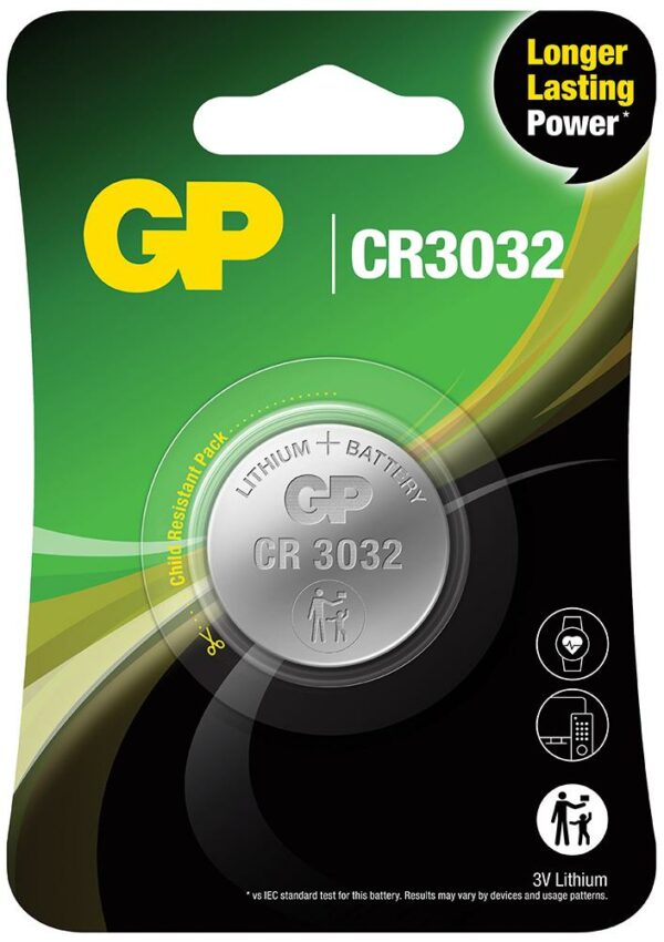 Baterie GP Batteries, butoni (CR3032) 3V lithium, blister 1 buc. „GPCR3032E-2CPU1” „GPPBL3032001” (timbru verde 0.01 lei)