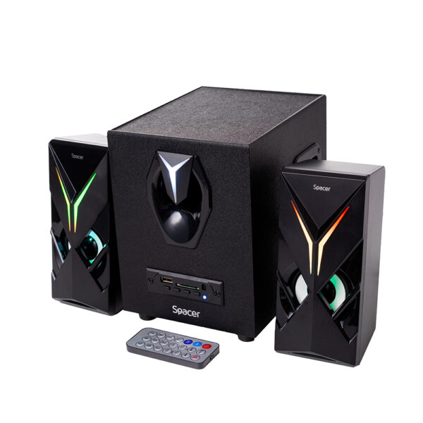 BOXE SPACER Gaming 2.1, RMS: 14W (2 x 3W + 8W), bluetooth, telecomanda wireless, control volum, bass, subwoofer lemn MDF, 220V alimentare, 3 x LED, USB/SD/AUX/radio FM, black, „SPGS-HURRICANE-BT” (timbru verde 2.00 lei)