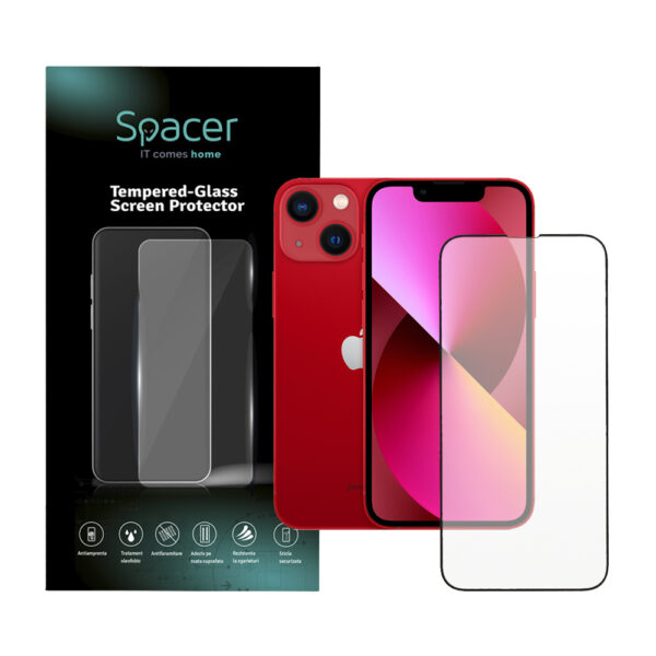 FOLIE STICLA Spacer pentru Iphone 13 Mini, grosime 0.3mm, acoperire totala ecran, strat special anti-ulei si anti-amprenta, Tempered Glass, sticla 9D, duritate 9H „SPPG-AP-IP13M-TG”