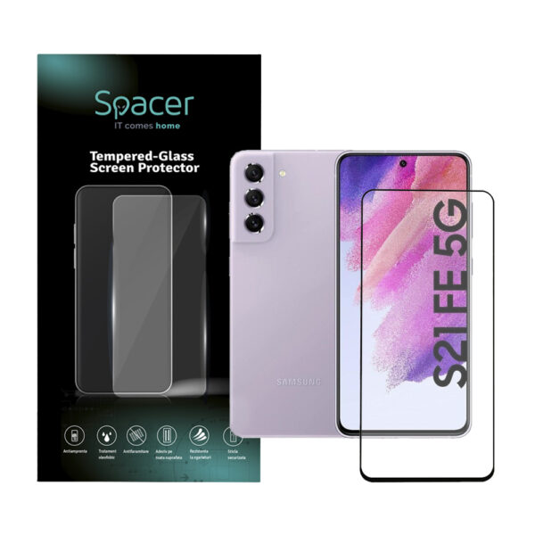 FOLIE STICLA Spacer pentru Samsung Galaxy S21 FE, grosime 0.3mm, acoperire totala ecran, strat special anti-ulei si anti-amprenta, Tempered Glass, sticla 9D, duritate 9H „SPPG-SM-GX-S21FE-TG”