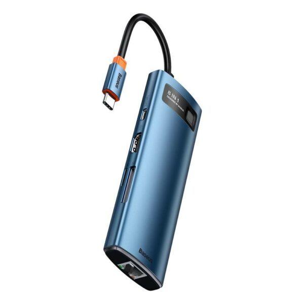 DOCKING Station Baseus Metal Gleam, conectare PC USB Type-C, USB 3.0 x 3, 1 x Card reader SD/MicroSD, USB Type C x 1 PD 100W 5V / 9V / 14.5V / 20V 5A (Max.), Gigabit RJ-45 x 1, HDMI x 1/4K/30Hz, albastru „WKWG000103” (timbru verde 0.18 lei)