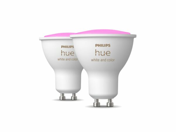 SET 2 becuri smart LED Philips, soclu GU10, putere 5W, forma spot, lumina multicolora, alimentare 220 – 240 V, „000008719514340084” (timbru verde 0.9 lei)