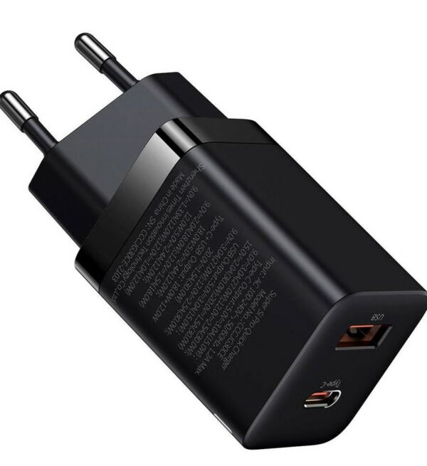 INCARCATOR retea Baseus Super Si Pro, Quick Charge 30W, 1 x USB 5V/3A, 1 x USB Type-C 5V/3A, negru „CCSUPP-E01” (timbru verde 0.18 lei) – 6953156206342