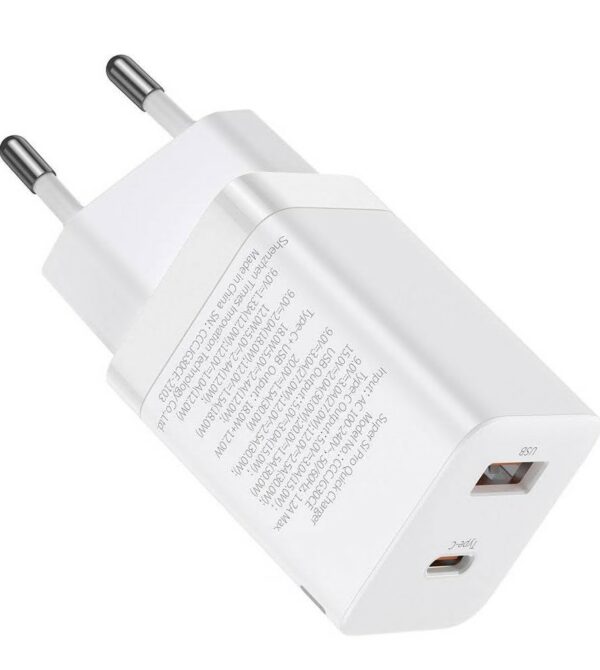 INCARCATOR retea Baseus Super Si Pro, Quick Charge 30W, 1 x USB 5V/3A, 1 x USB Type-C 5V/3A, alb „CCSUPP-E02” (timbru verde 0.18 lei) – 6953156206359