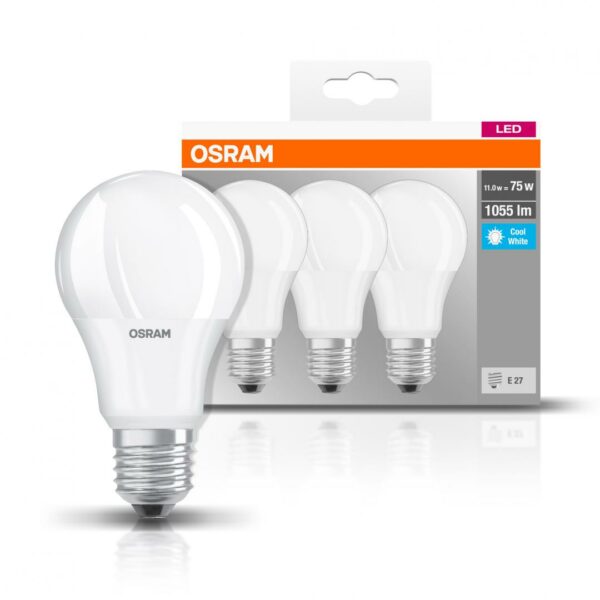 Set 3 BEC LED Osram, soclu E27, putere 10 W, forma clasic, lumina alb, alimentare 220 – 240 V, „000004058075819573” (timbru verde 1.35 lei)