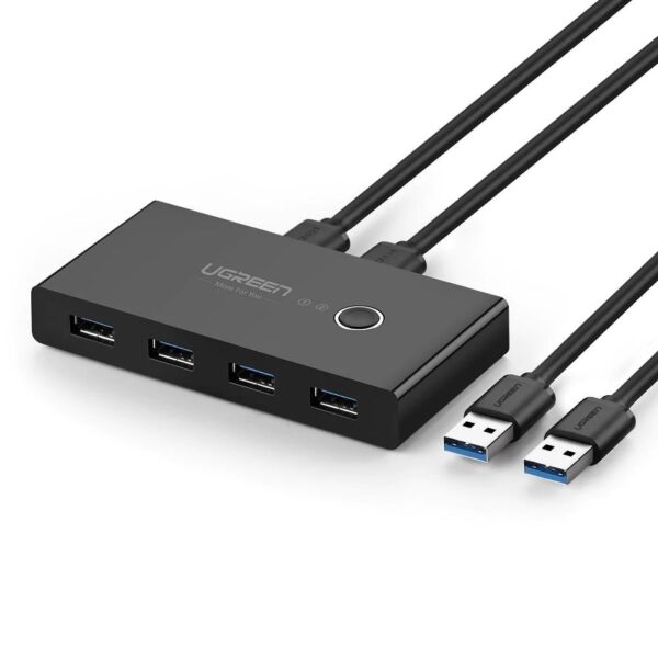 HUB extern Ugreen, „US216” porturi USB: USB 3.0 x 4, conectare prin 2 x USB, partajare date 2 pc-uri simultan, buton comutare PC, lungime 1.5 m, LED, negru, „30768” (timbru verde 0.8 lei) – 6957303837687