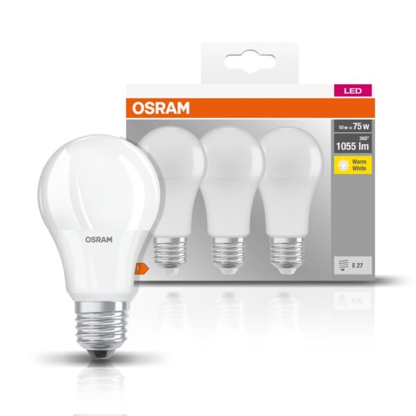 Set 3 BEC LED Osram, soclu E27, putere 10 W, forma clasic, lumina alb calda, alimentare 220 – 240 V, „000004058075819436” (timbru verde 1.35 lei)