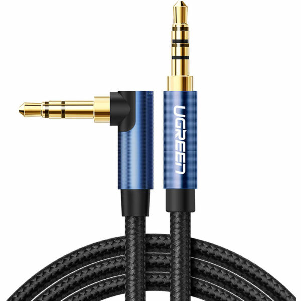CABLU audio Ugreen, „AV112” stereo (3.5 mm jack T/T), conectori auriti, 1m, braided, unghi de 90 grade la un cap, albastru „60179” (timbru verde 0.18 lei) – 6957303861798