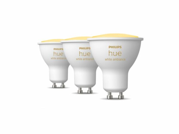 Set 3 BEC smart LED Philips, soclu GU10, putere 4.3 W, forma spot, lumina alb, alimentare 220 – 240 V, „000008719514342804” (timbru verde 1.35 lei)