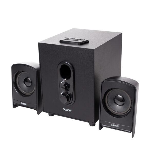 BOXE SPACER 2.1, RMS: 20W (2 x 5W + 10W), control volum, bass, subwoofer lemn MDF, 220V alimentare, USB/FM/RCA, black, „SPSK-21BT-LONDON” (timbru verde 4.00 lei)