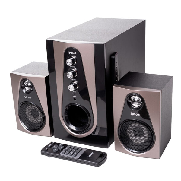 BOXE SPACER 2.1, RMS: 30W (2 x 5W + 20W), bluetooth telecomanda wireless, control volum, bass, treble, subwoofer lemn MDF, radio FM, USB stick, card SD,220V, RCA, „SPSK-21BT-PARIS” (timbru verde 4.00 lei)