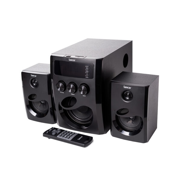 BOXE SPACER 2.1, RMS: 20W (2 x 5W + 10W), bluetooth telecomanda wireless, control volum, bass, treble, subwoofer lemn MDF, 220V, radio FM, SD card, port USB, RCA, „SPSK-21BT-TOKYO” (timbru verde 4.00 lei)