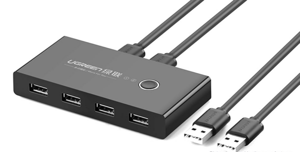 HUB extern Ugreen, „US216” porturi USB: USB 2.0 x 4, conectare prin 2 x USB, partajare date 2 pc-uri simultan, buton comutare PC, lungime 1.5 m, LED, negru, „30767” (timbru verde 0.8 lei) – 6957303837670